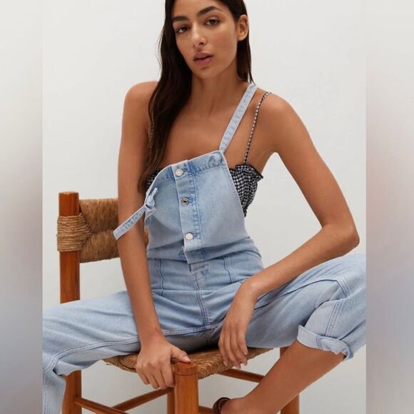 NEW Mango light‎ blue denim overalls w/ knot straps and deep pockets Size L boho - Picture 3 of 12